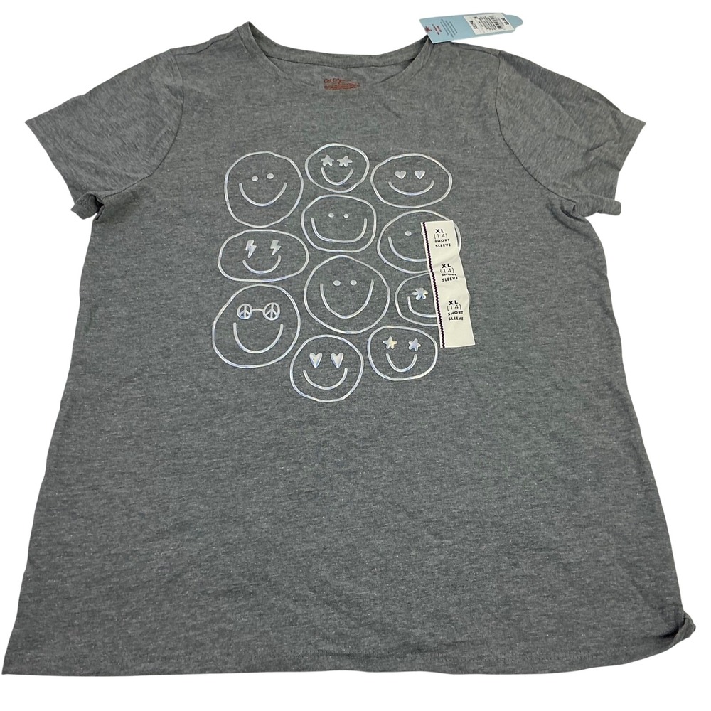 Cat & Jack Girls XL(14) Heather Gray Smiley Face Graphic Short Sleeve T-Shirt